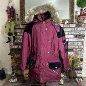 Vintage 80s/90s Mariel Maroon Black & Velvet Ski Parka Puffer Jacket Sz S